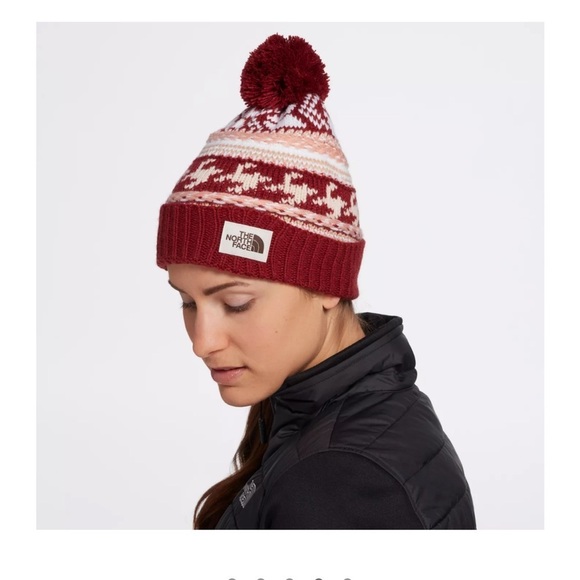 The North Face Women's Fair Isle Beanie Maroon Hat NWT Oversized Pom - Picture 5 of 6